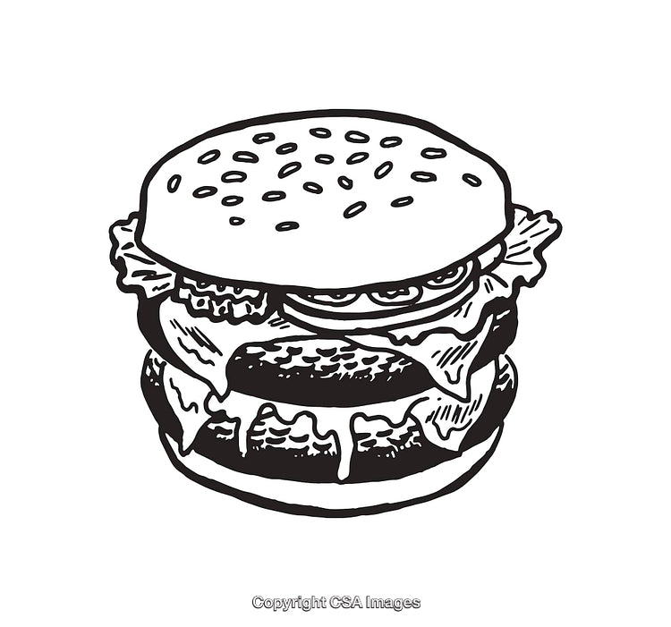 Line Art Illustration of a Juicy Burger with Cheese and Lettuce