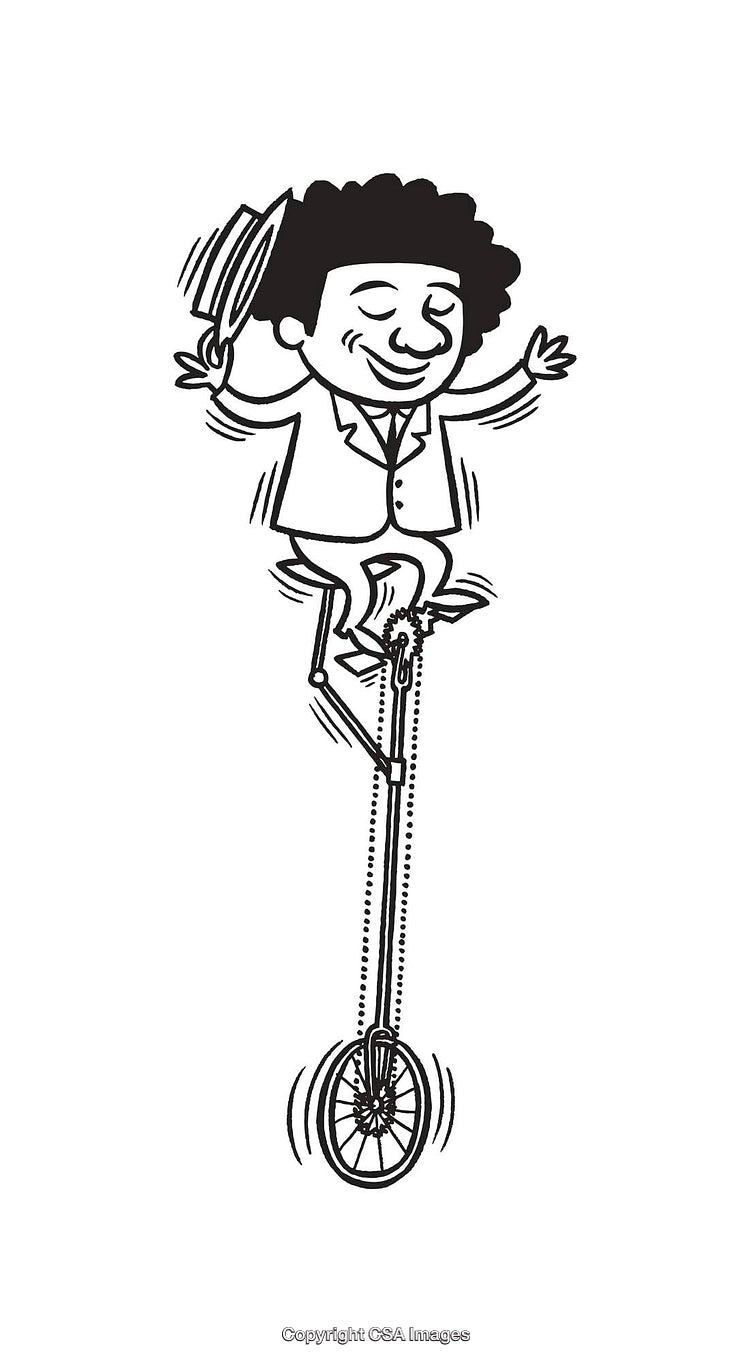 Cartoon Performer Balancing on a Tall Unicycle in Black and White Line Art