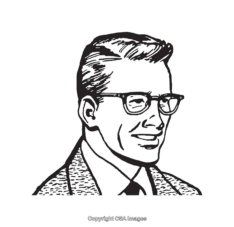 Retro Black and White Line Art of Smiling Businessman Wearing Glasses