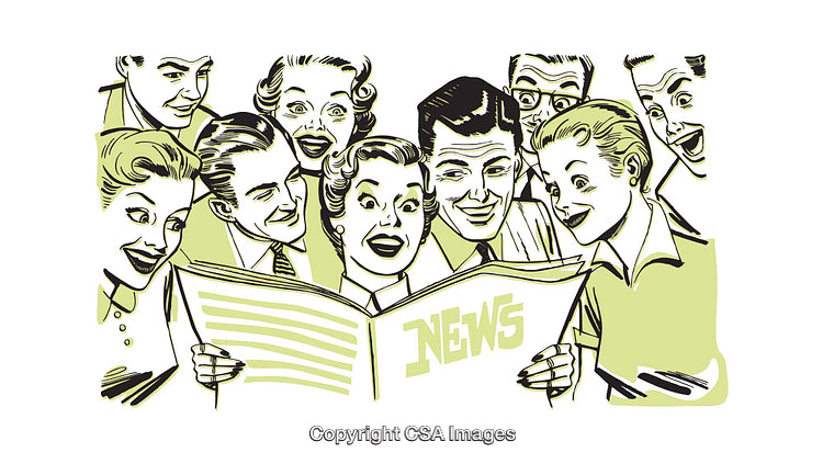 Retro Illustration of a Group Reading Exciting Newspaper Headlines Together