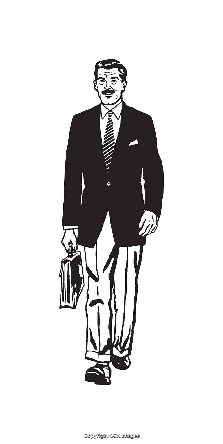 Black and White Illustration of a Businessman with Briefcase Walking