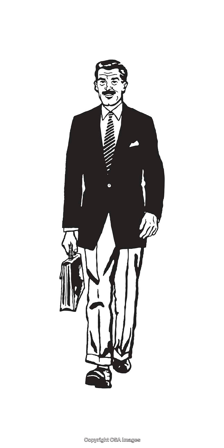 Black and White Illustration of a Businessman with Briefcase Walking