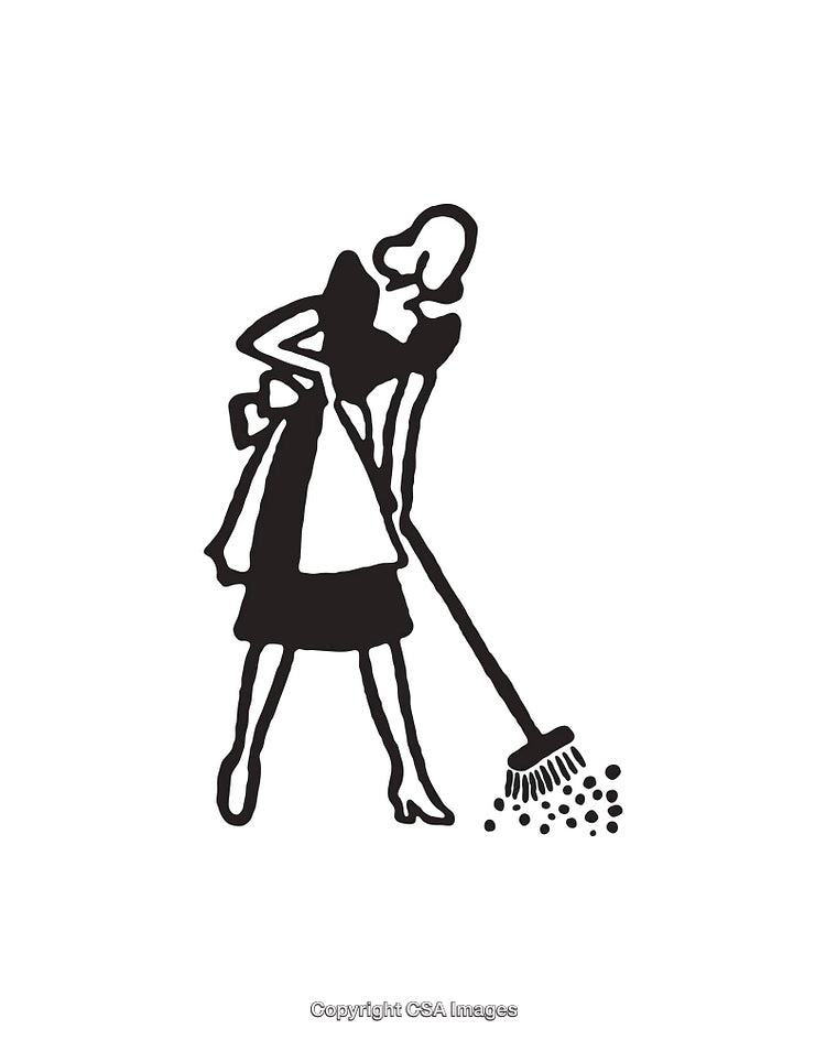 Black and White Illustration of a Woman Sweeping with a Broom
