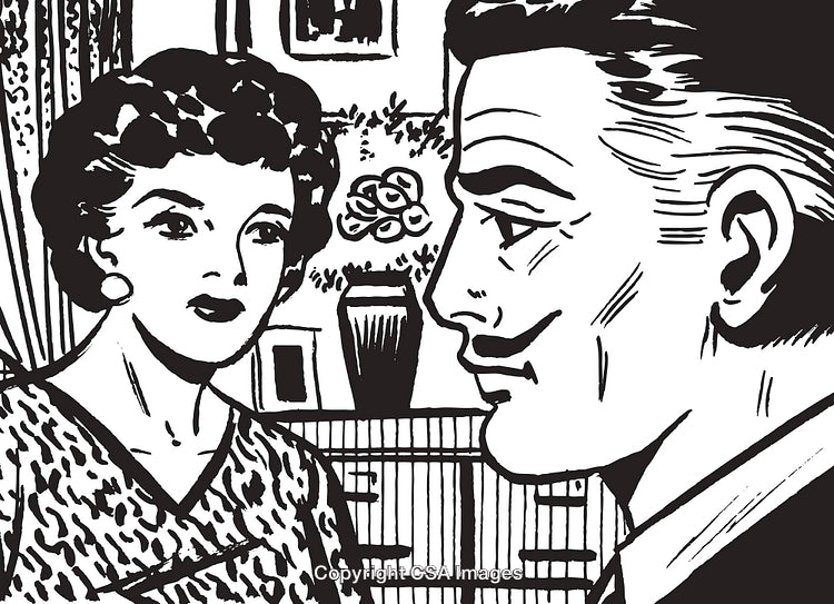 Black and White Illustration of a Couple in a Vintage Style Art