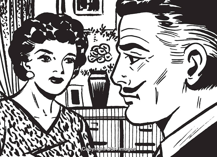Black and White Illustration of a Couple in a Vintage Style Art