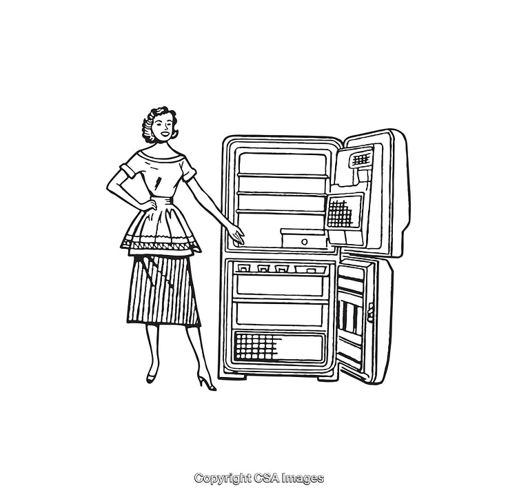 Vintage Line Art Illustration of a Woman With an Open Refrigerator