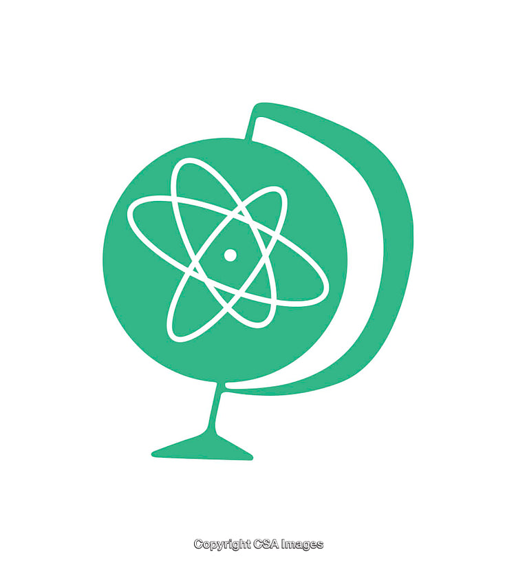 Green Globe Icon with Atomic Symbol Representing Science and Education