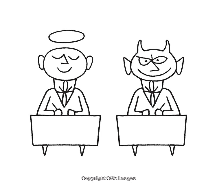 Black and White Line Art of Angel and Devil Personas in Suits