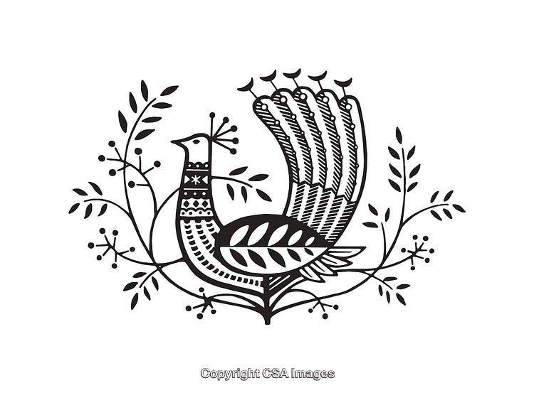 Elegant Black and White Line Art of a Stylized Bird and Foliage