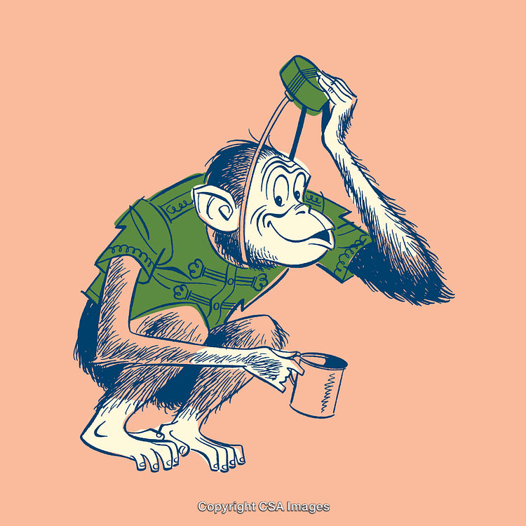 Humorous Monkey Illustration Dressed in Uniform with Mug and Helmet