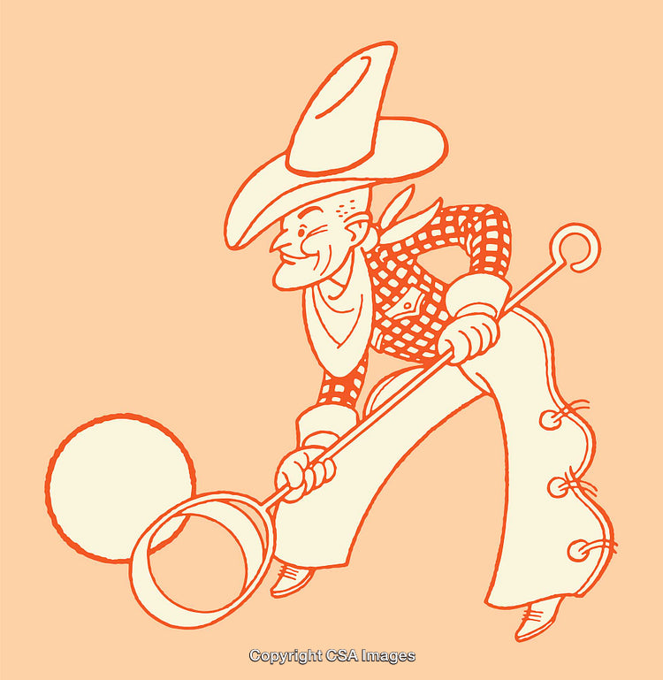 Cartoon Cowboy Illustration in Rustic Line Art Style on Orange Background