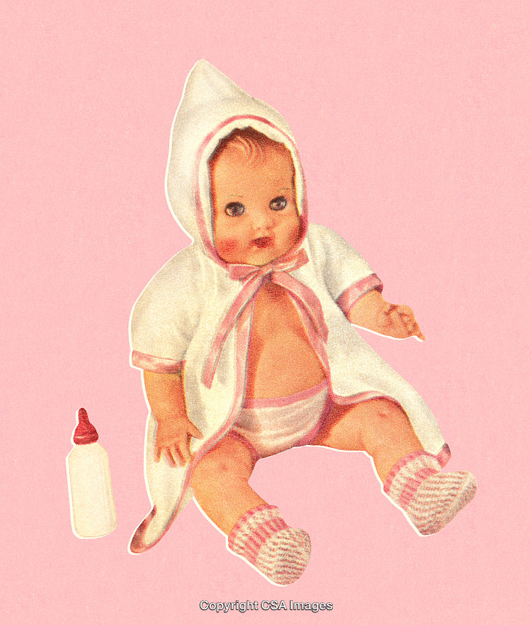 Adorable Baby Sitting with Milk Bottle on Pink Background