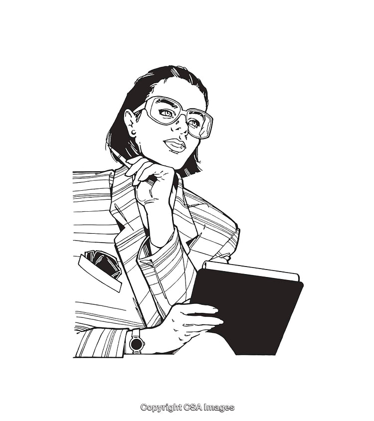 Elegant Line Art of a Woman Contemplating With Tablet in Hand