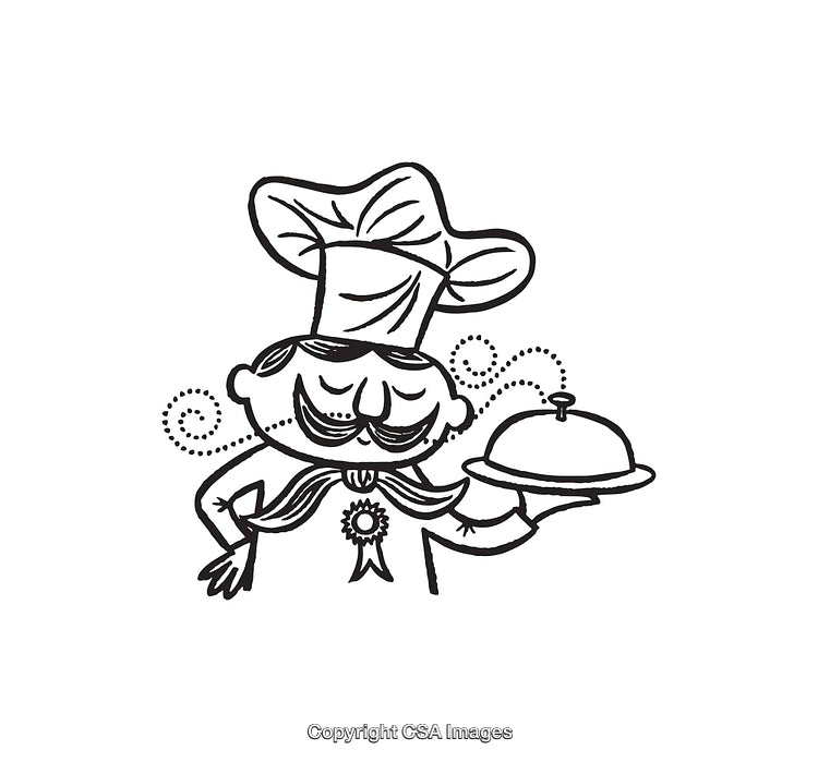 Cartoon Chef Holding a Tray in Black and White Line Art Illustration