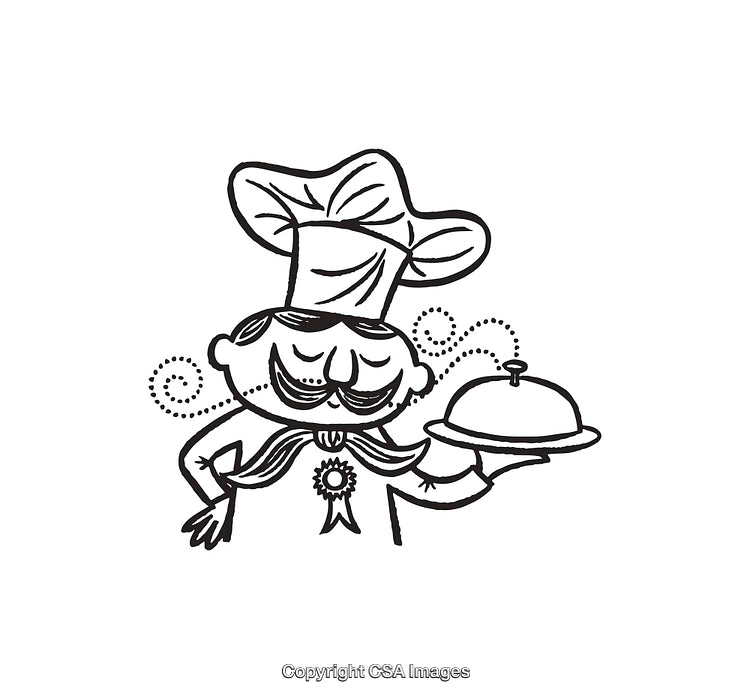 Cartoon Chef Holding a Tray in Black and White Line Art Illustration