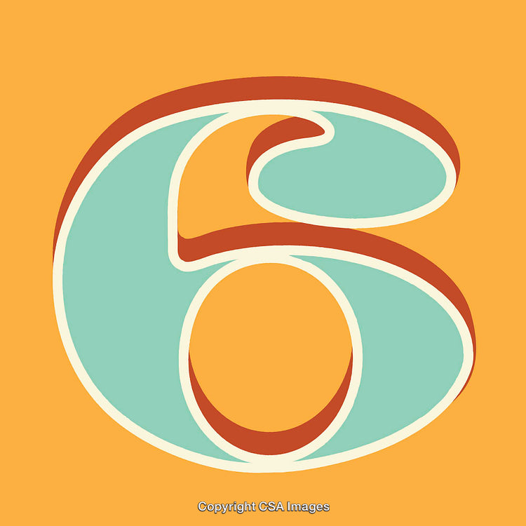 Colorful Retro Styled Illustration of the Number Six on an Orange Background