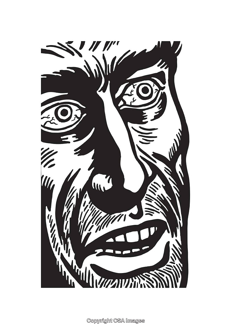 Dramatic Black and White Line Art Face Illustration in Intense Expression