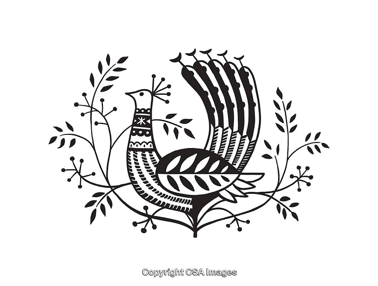 Intricate Black and White Folk Art Bird Illustration Surrounded by Delicate Plants