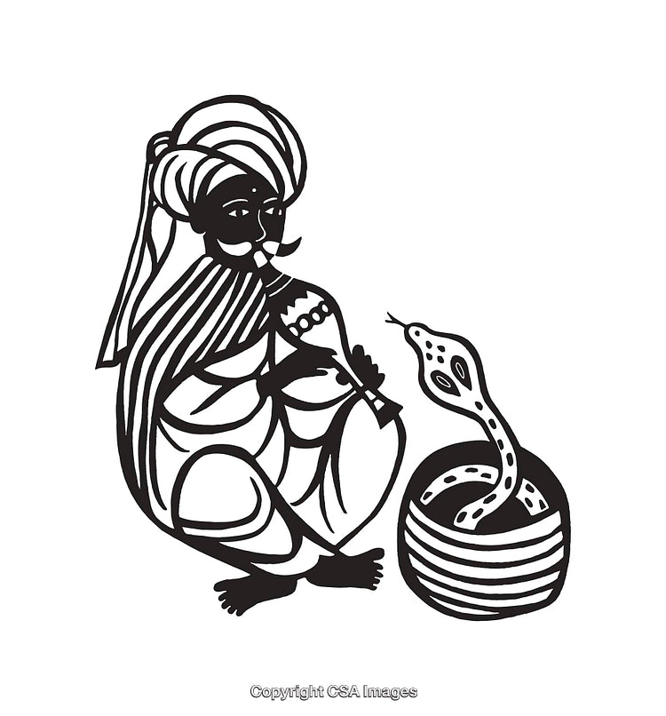Cultural Line Art of Snake Charmer Playing Traditional Instrument