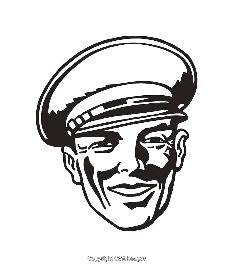 Vintage Black and White Illustration of a Smiling Man Wearing a Hat