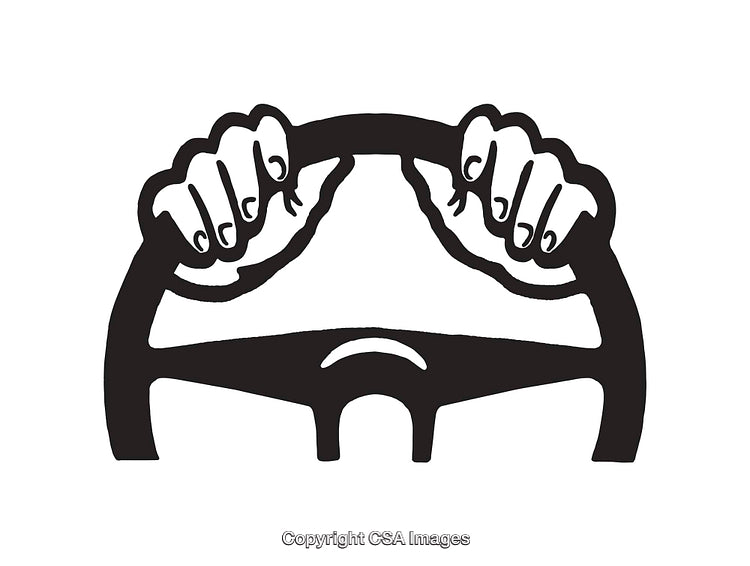 Hands Firmly Holding Steering Wheel in Line Art Illustration Style