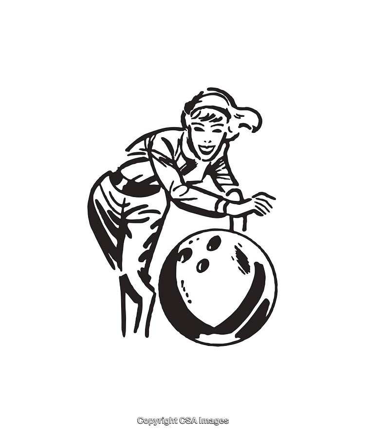 Vintage Black and White Illustration of a Woman Bowling