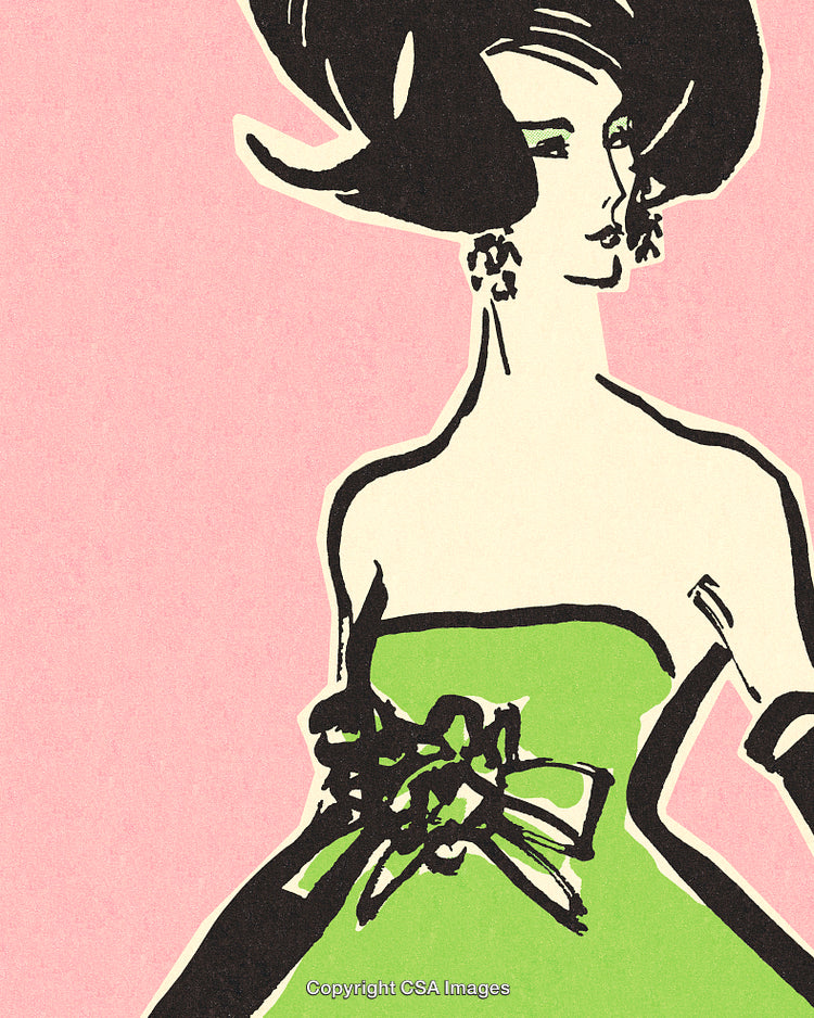 Elegant Fashion Illustration of Stylish Woman in Green Evening Gown and Accessories