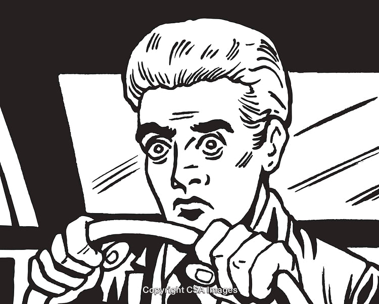 Illustration of Tense Driver Holding Steering Wheel in Black and White