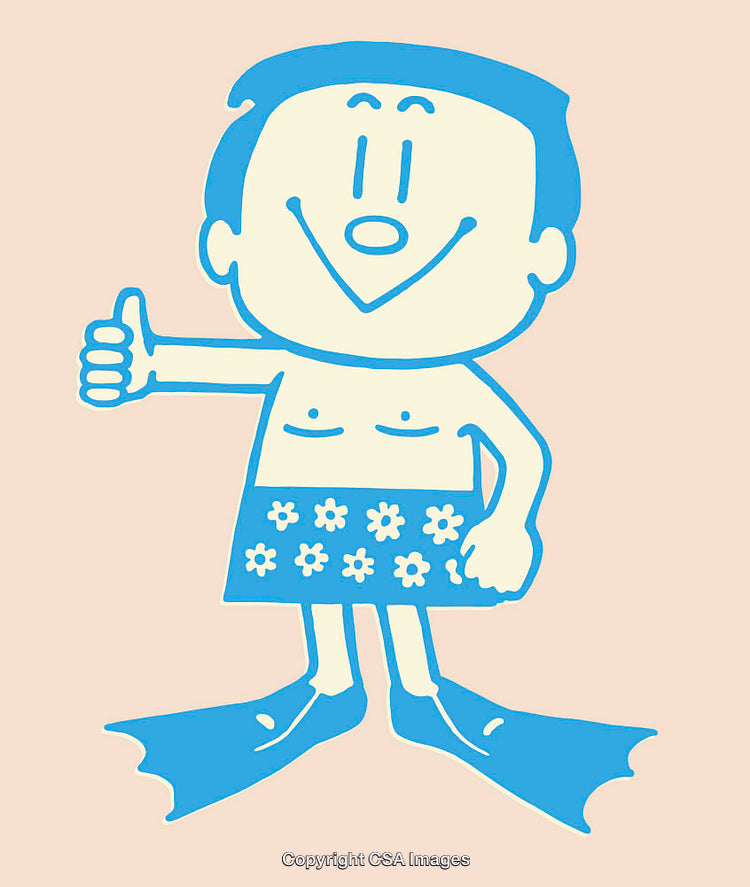 Blue and Beige Line Art of a Happy Beach Character With Flippers