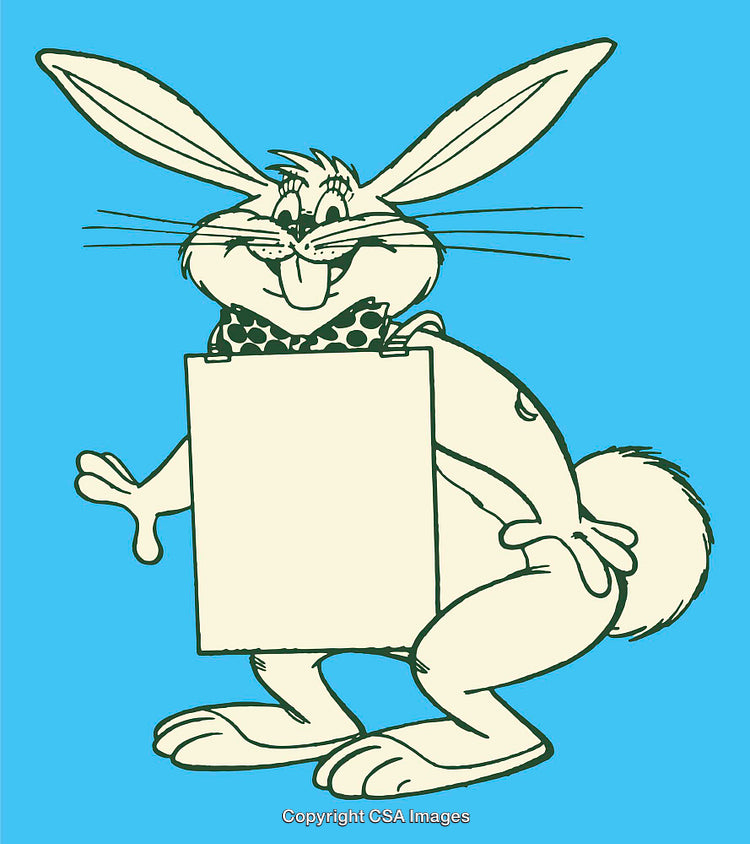 Cute Cartoon Rabbit With Blank Sign on Blue Background