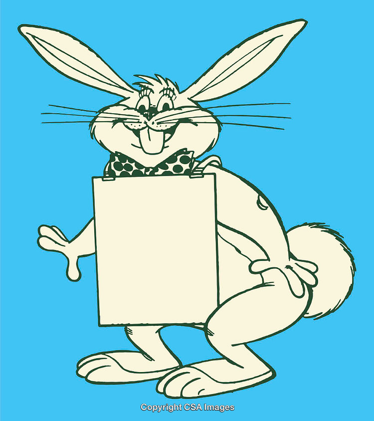 Cute Cartoon Rabbit With Blank Sign on Blue Background