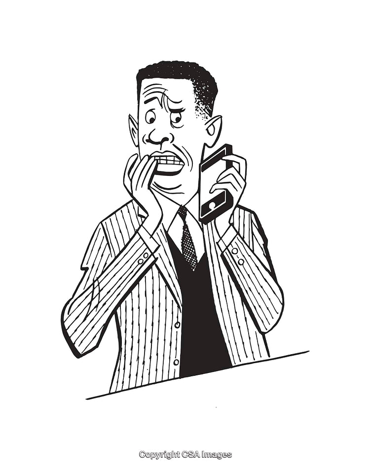 Black and White Line Art of a Nervous Man with a Smartphone