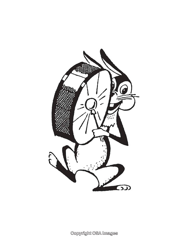 Black And White Line Illustration of a Rabbit with a Drum