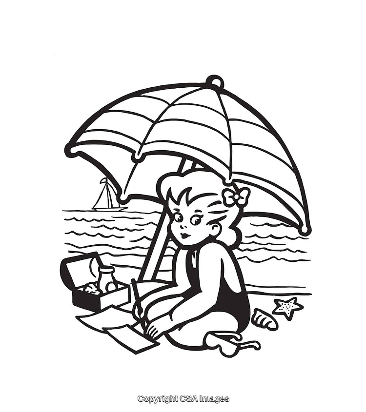 Line Art Illustration of a Girl Relaxing at a Beach Under an Umbrella
