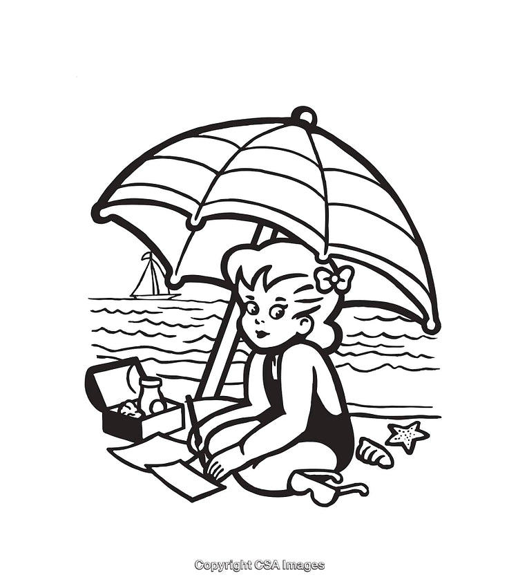Line Art Illustration of a Girl Relaxing at a Beach Under an Umbrella