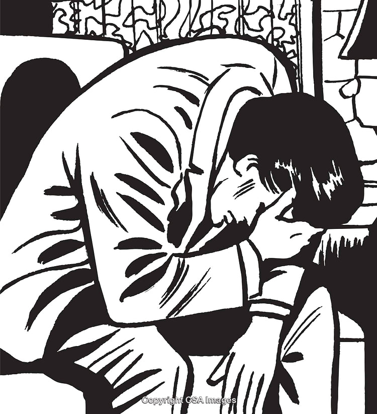 Monochrome Illustration of a Pensive Man Sitting with His Head in His Hands