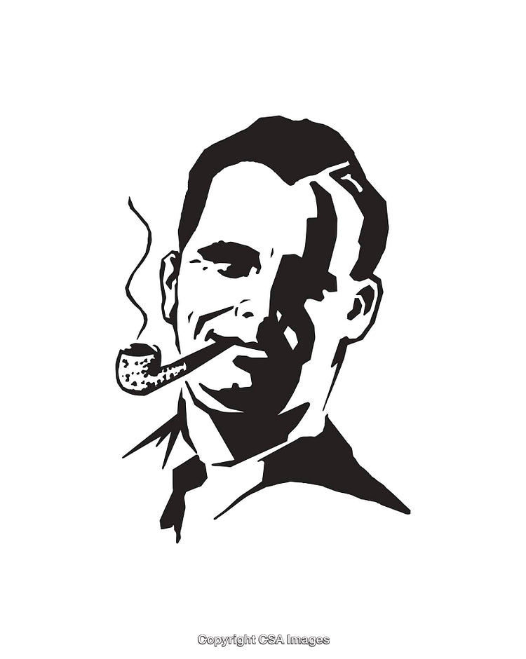 Vintage Black and White Line Art Drawing of a Smoking Man