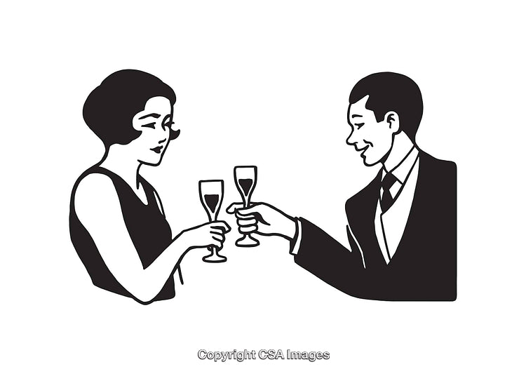 Elegant Couple Toasting With Glasses in Vintage Black and White Illustration