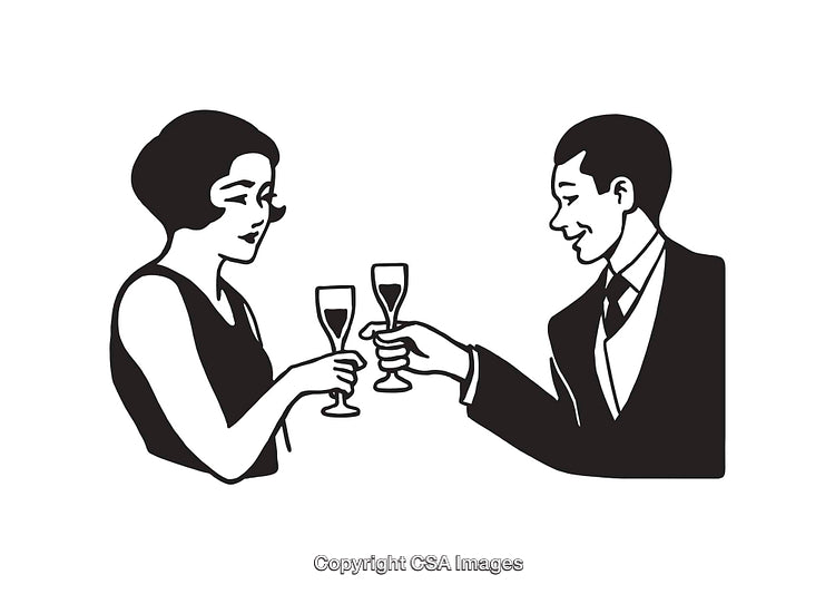 Elegant Couple Toasting With Glasses in Vintage Black and White Illustration