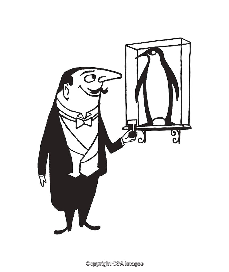 Elegant Line Art of a Gentleman and Displayed Penguin