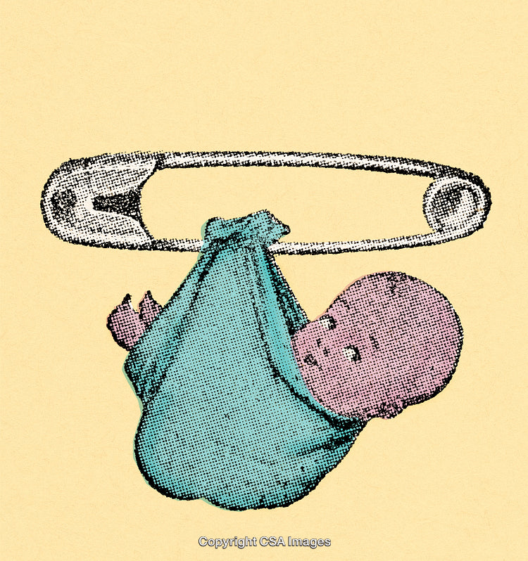 Baby Illustration with Safety Pin in a Vintage Art Style