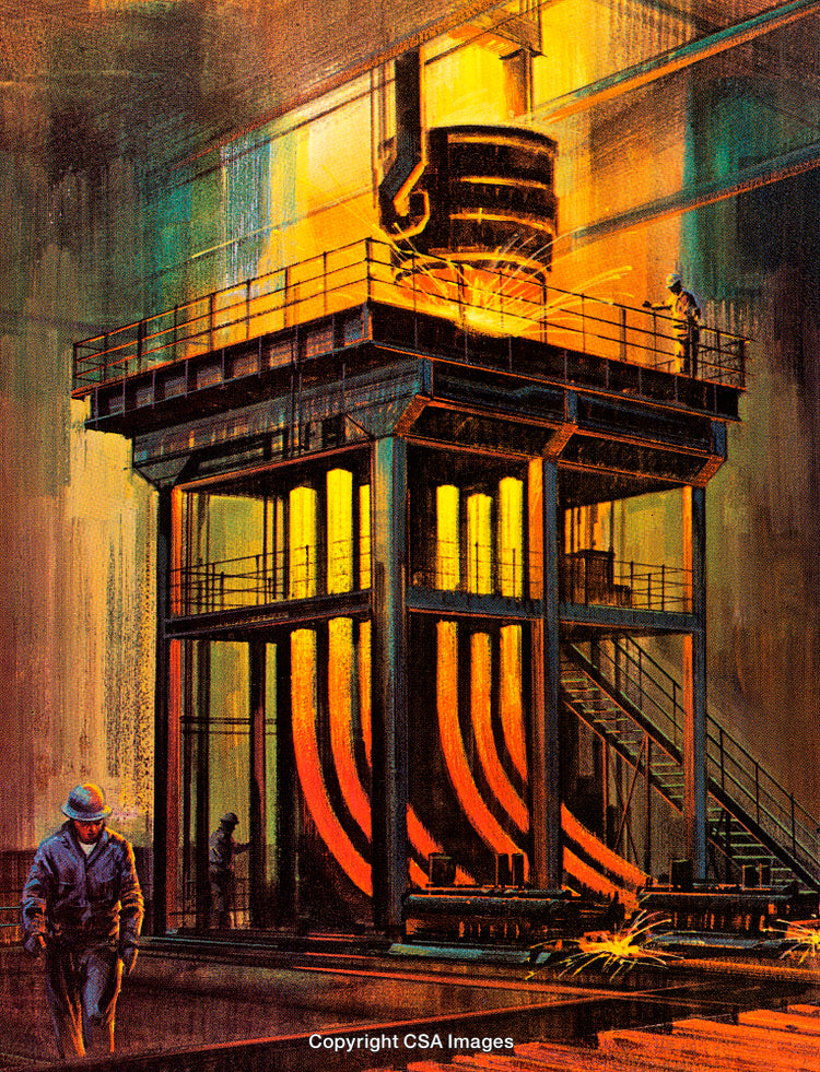 Industrial Steel Production Facility with Glowing Furnaces at Night