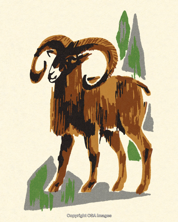 Illustration of a Majestic Ram in a Mountain Landscape