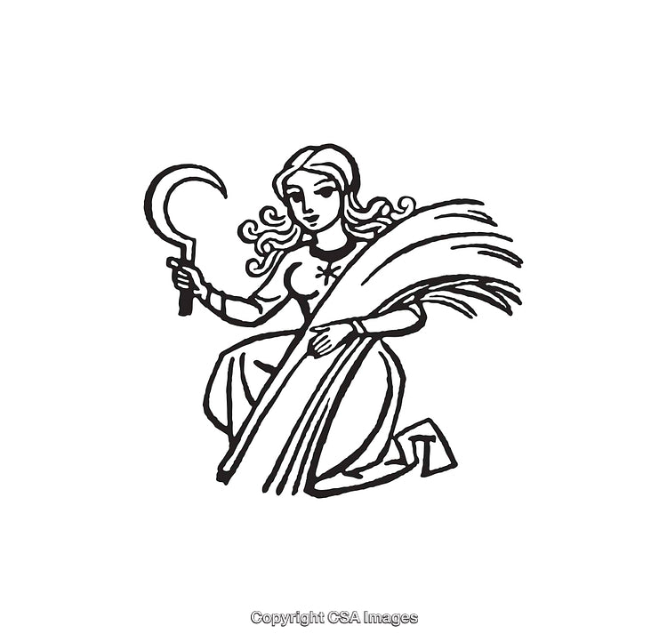 Black and White Line Art Illustration of a Woman with Wheat and Sickle