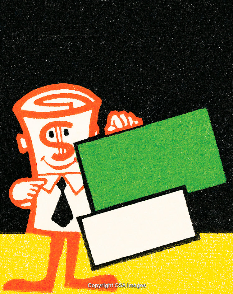 Retro Money-Themed Cartoon Character Holding Signs