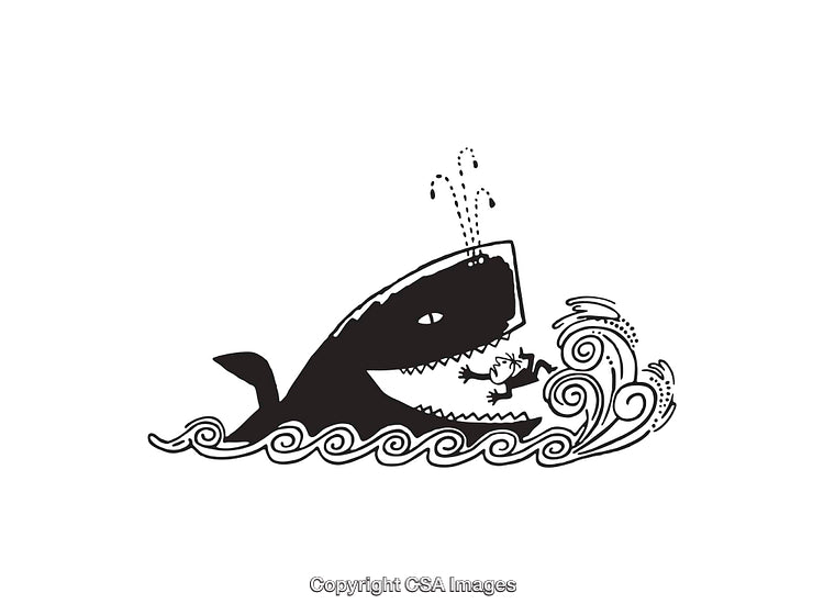 Black and White Illustration of a Shark Encounter and Struggling Character