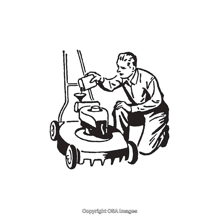 Man Filling Gas in Lawn Mower - Black and White Line Drawing