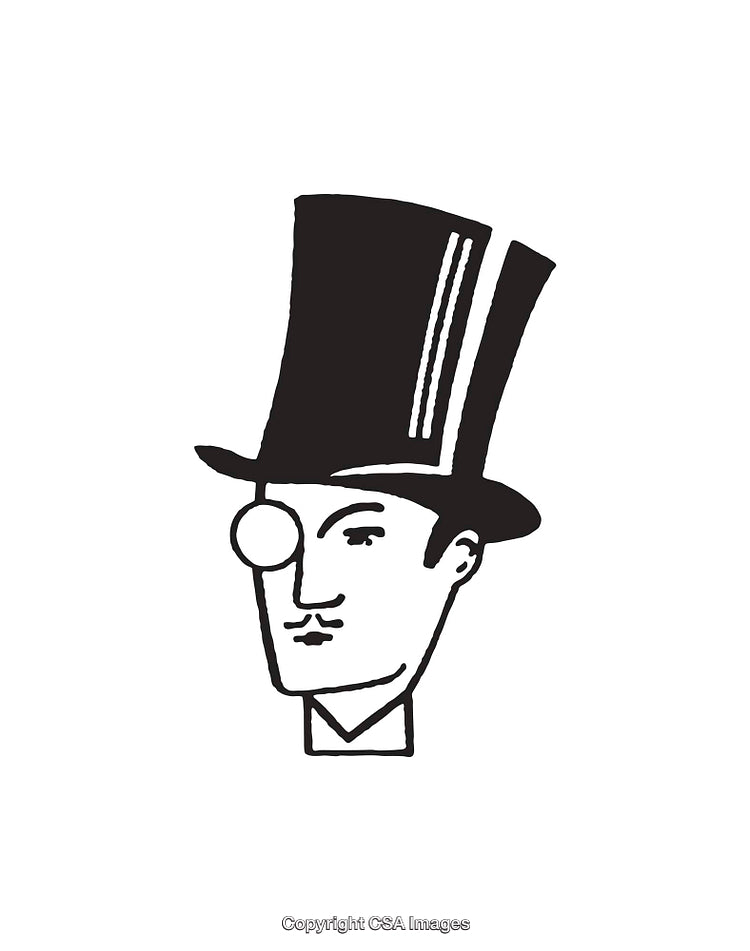 Black and White Illustration of a Monocle Gentleman in Top Hat