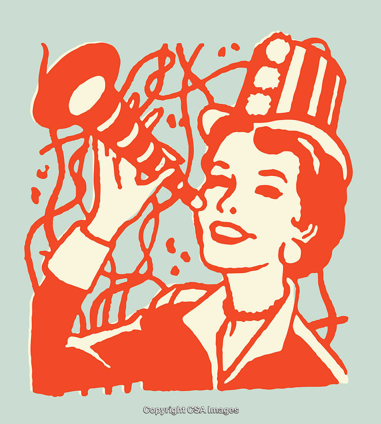 Festive Line Art Illustration of a Woman with a Party Horn