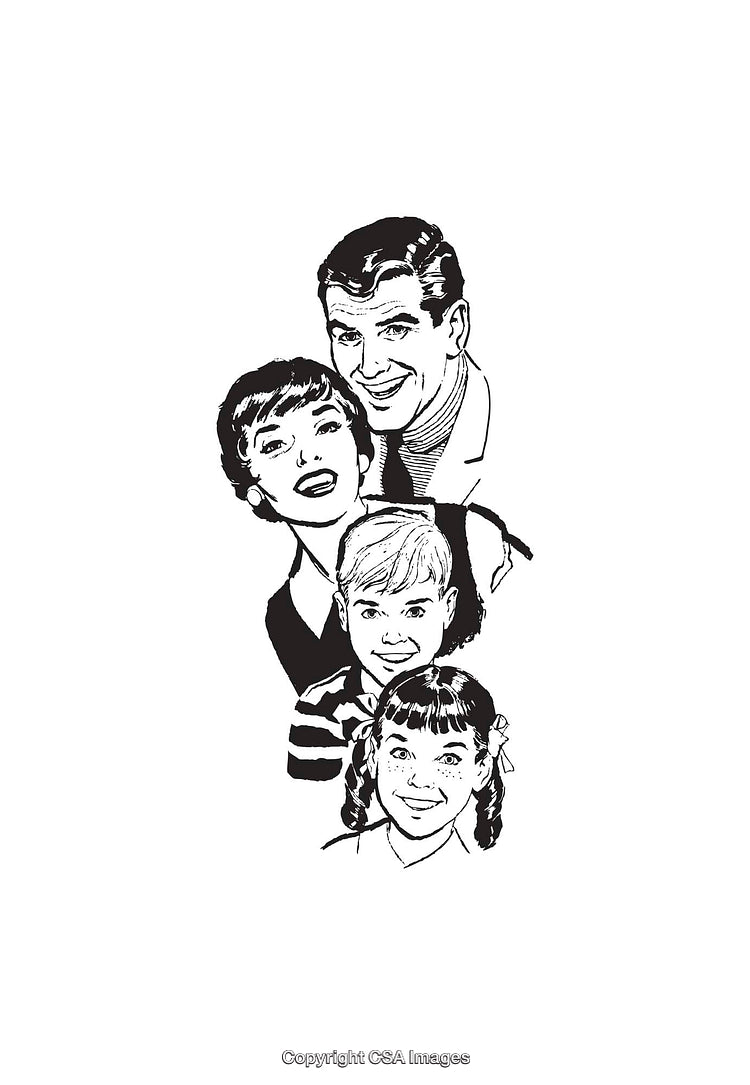 Retro Style Black and White Illustration of a Smiling Family Portrait